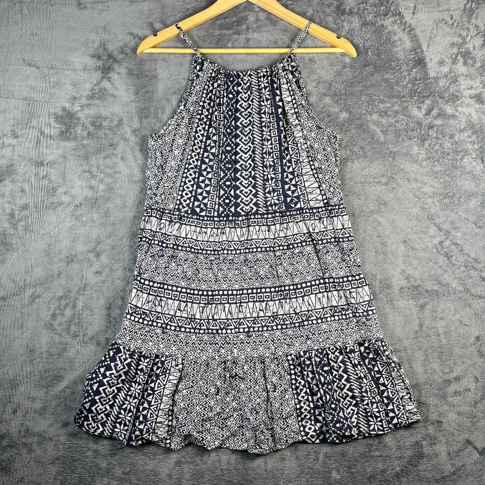 Ann Taylor Loft Mini Dress Womens S Blue White Geometric Halter Neck Ruffled Hem